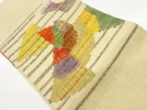 手織り真綿紬縞に抽象模様織出し名古屋帯